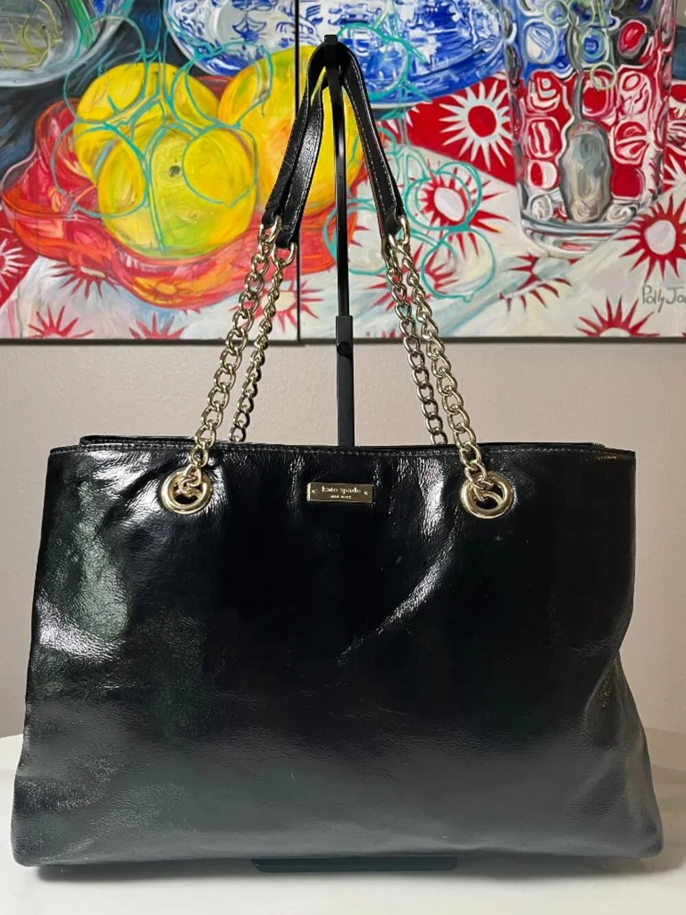 Kate Spade New York Black Patent Leather Deborah Lloyd Era Tote Chain Strap